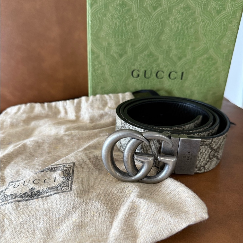 Gucci Silver and Black Monogram Belt in pristine condition with dust bag and box